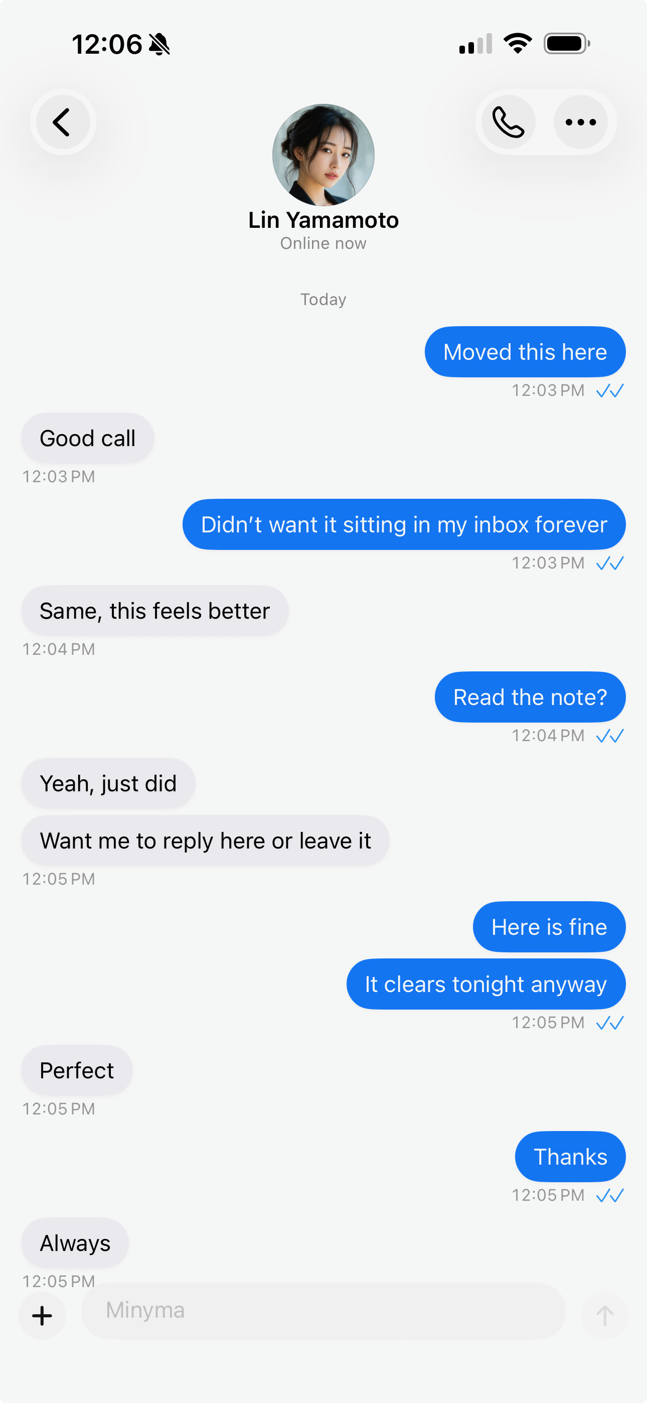 Minyma conversation screen showing a polished messaging interface.